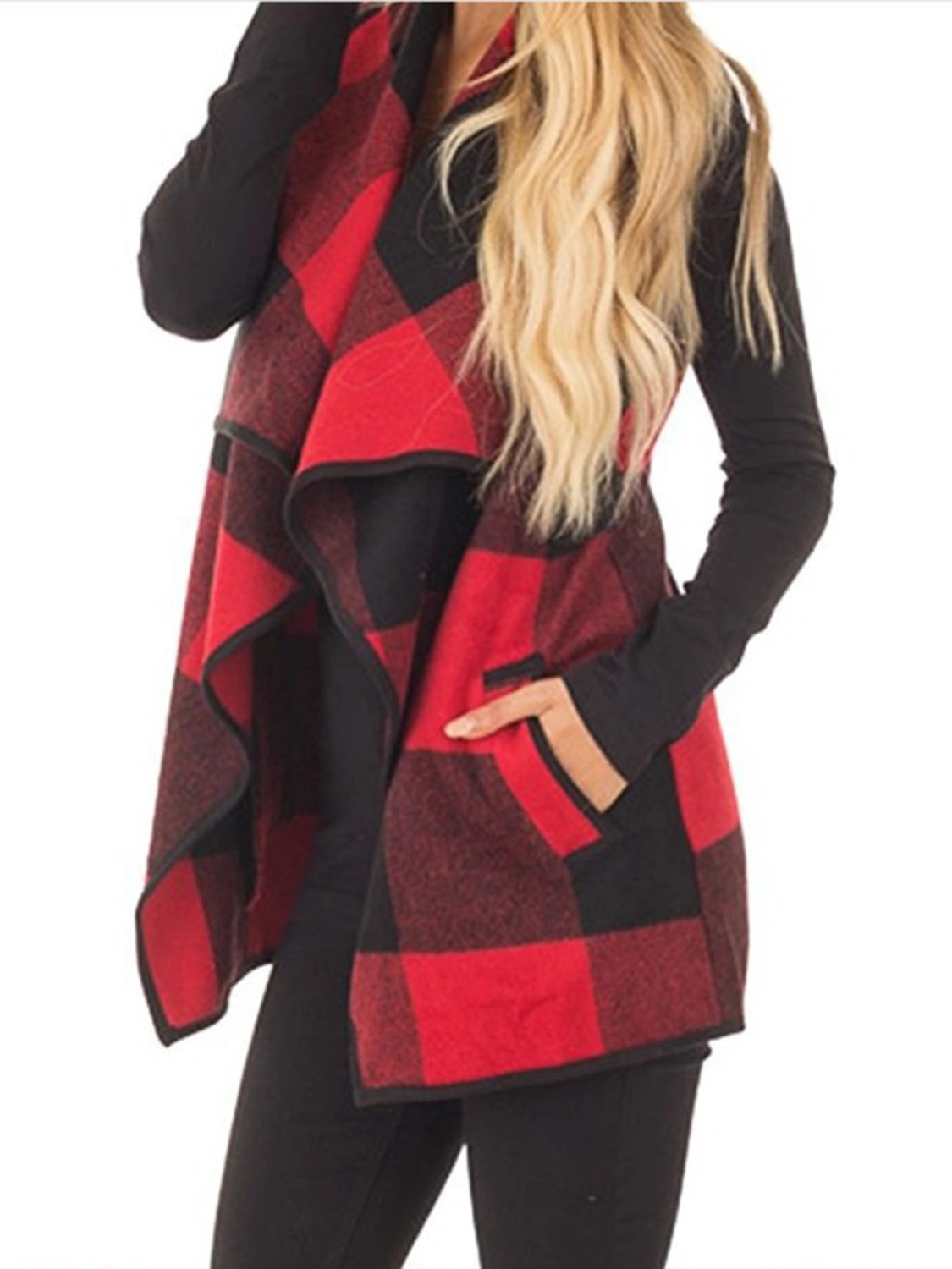 Women Plaid Print Irregular Waistcoat, Casual Plus Size Open Front Jacket