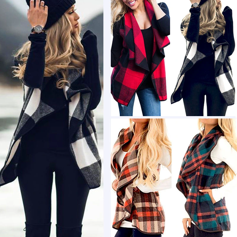 Women Plaid Print Irregular Waistcoat, Casual Plus Size Open Front Jacket