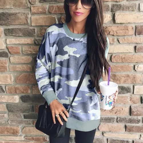 Women's Camouflage Print Pullovers Long Sleeve Crewneck Loose Sweatshirts