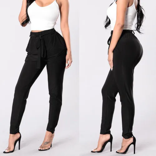 Women's Summer Solid Color High Waist Slim Pants with Tie Belt