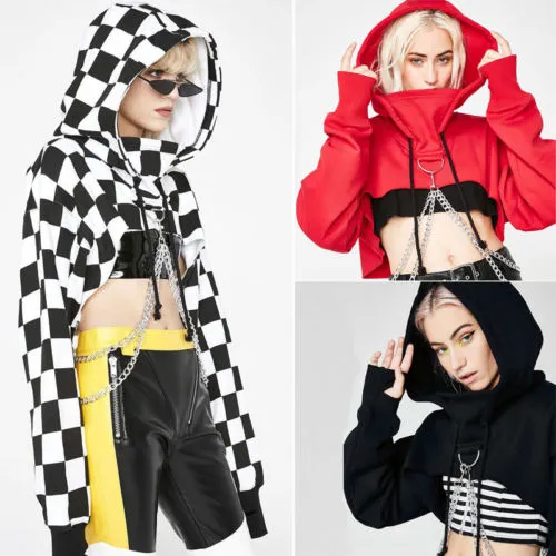 Women Gothic Punk Hooded Sweatshirt, Long Sleeve Cropped Tops with Chains