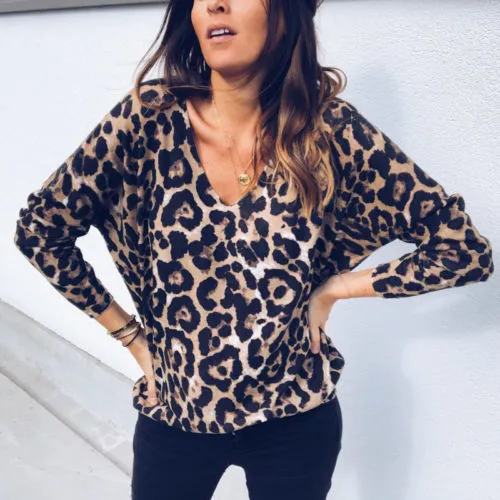 Women's V Neck Loose Tops Batwing Sleeve Leopard Print Blouses Autumn Shirts