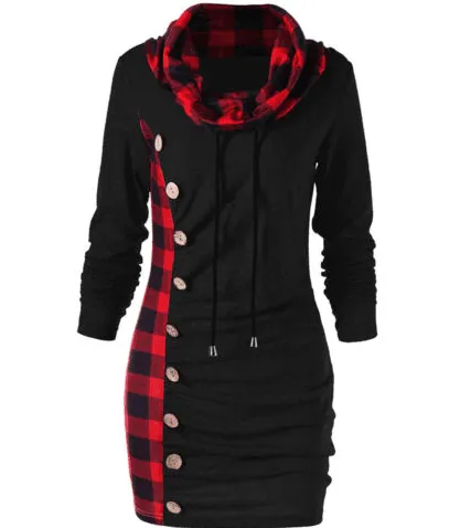 Female Casual Long Hoodie, Long Sleeve Button Decoration Plaid Pullover