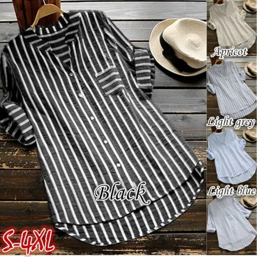 Women Blouse 3/4 Roll Sleeve Striped Pattern V-Neck Button-Down Wild Fashion Top