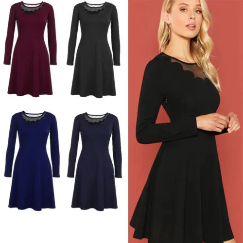 Solid Color Long Sleeve Round Neck Mesh Waist Design Mesh A-Line Dress