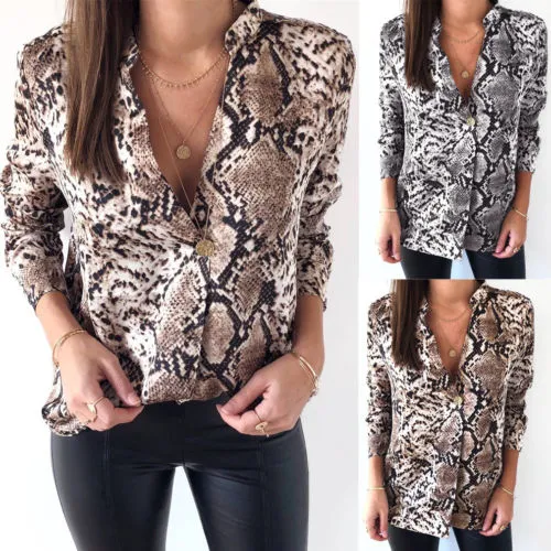 Women Snakeskin Shirt, Long Sleeve V-neck Blouse, Casual Tunic Tops