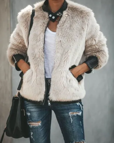 Women Faux Fur Jacket Long Sleeve Stand Collar Leather Patchwork Coat Outwear