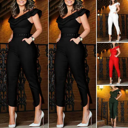 Woman's Solid Color Jumpsuit, Boat Neck Falbala High Waist One-piece with Belt