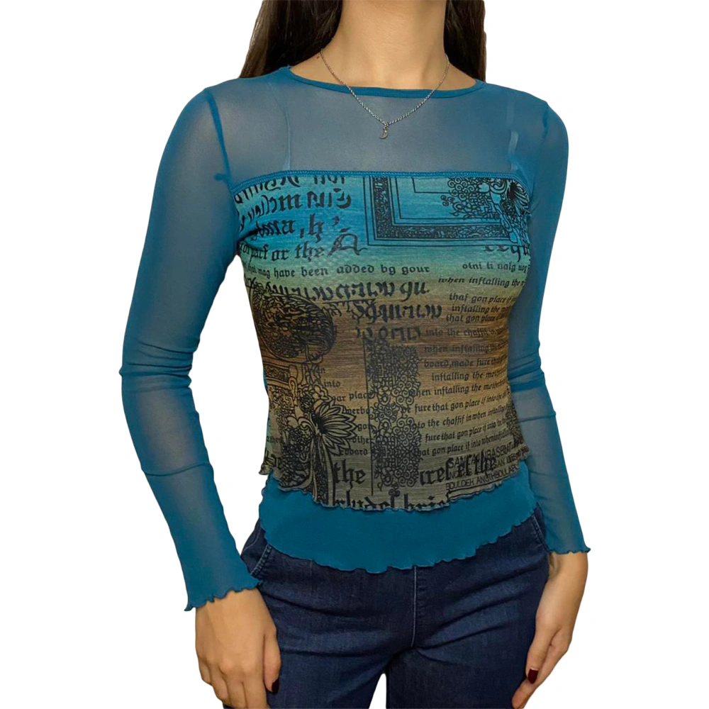 Women Long Sleeve Pullover Unique Printing Semi-transparent Tops 