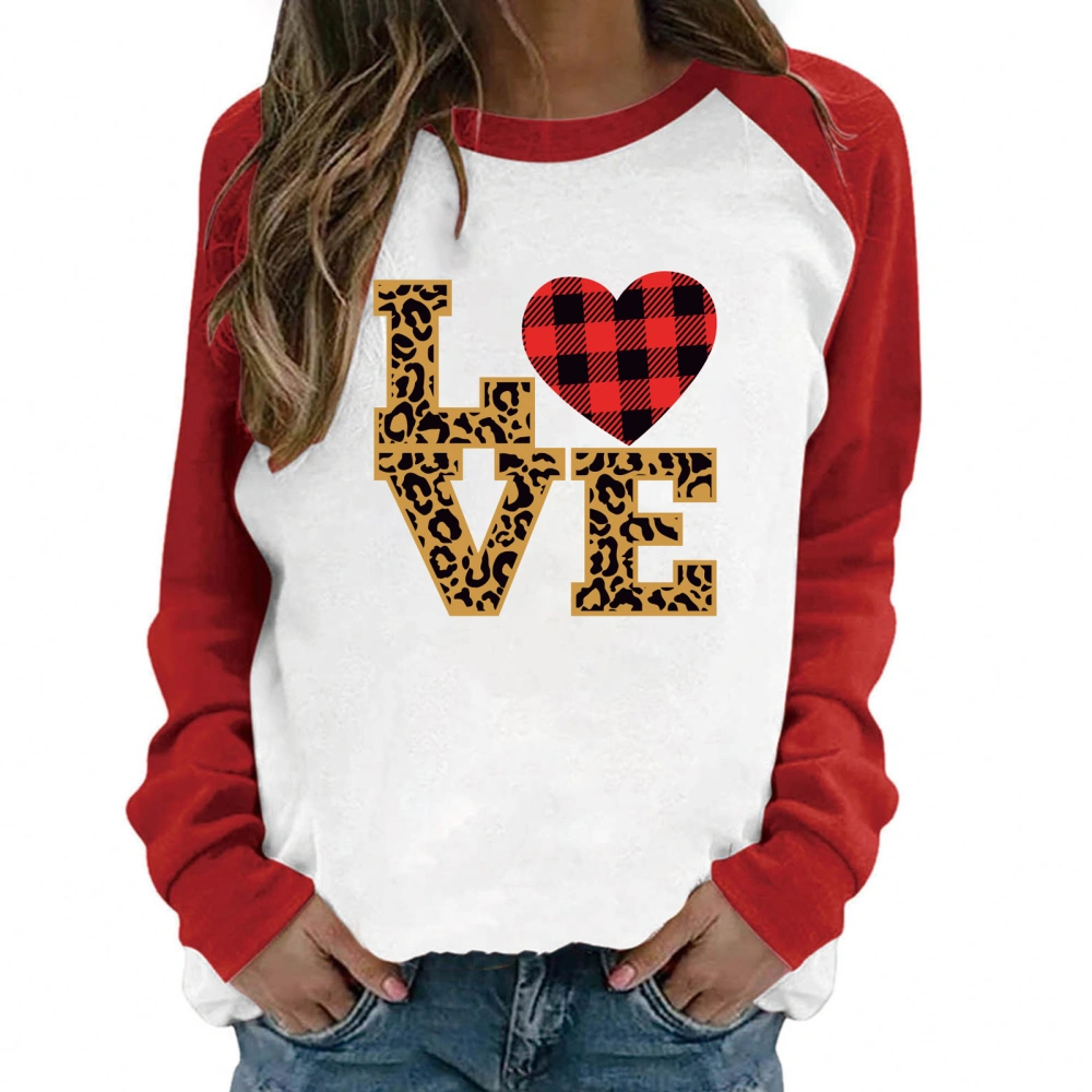 Women Casual T-Shirt, Long Sleeve Plaid Heart Leopard Letter Tops