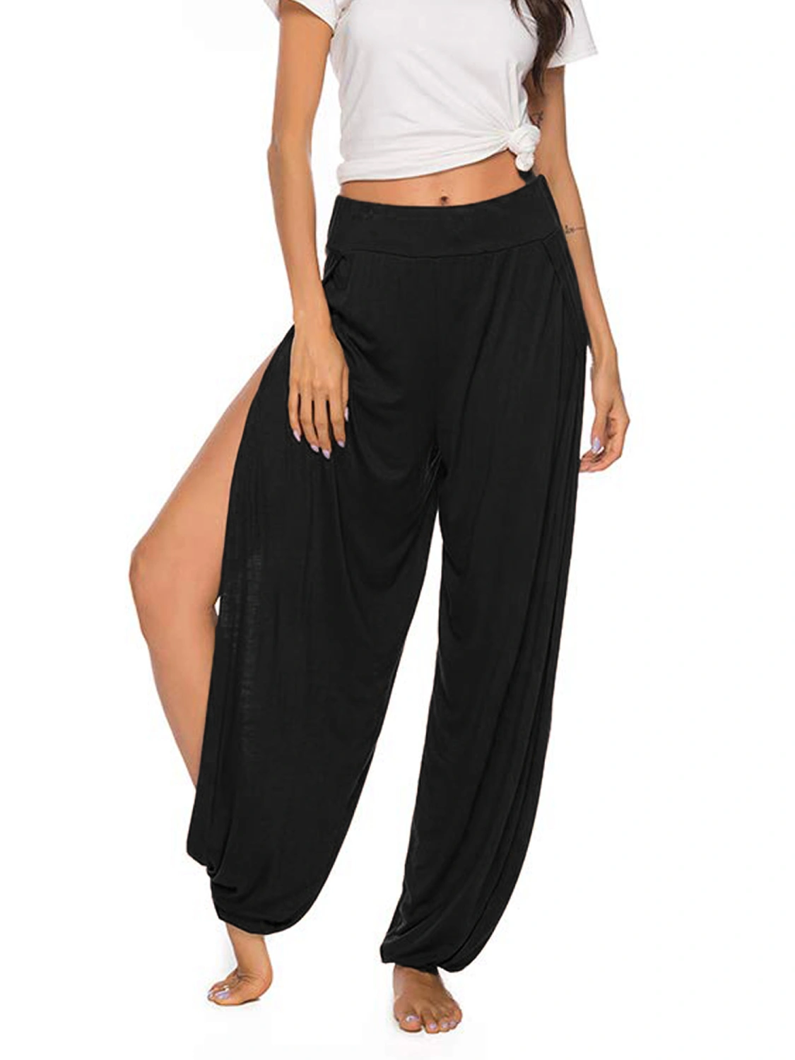 Women Casual Loose Yoga Pants, High Waisted Side Split Sport Trousers