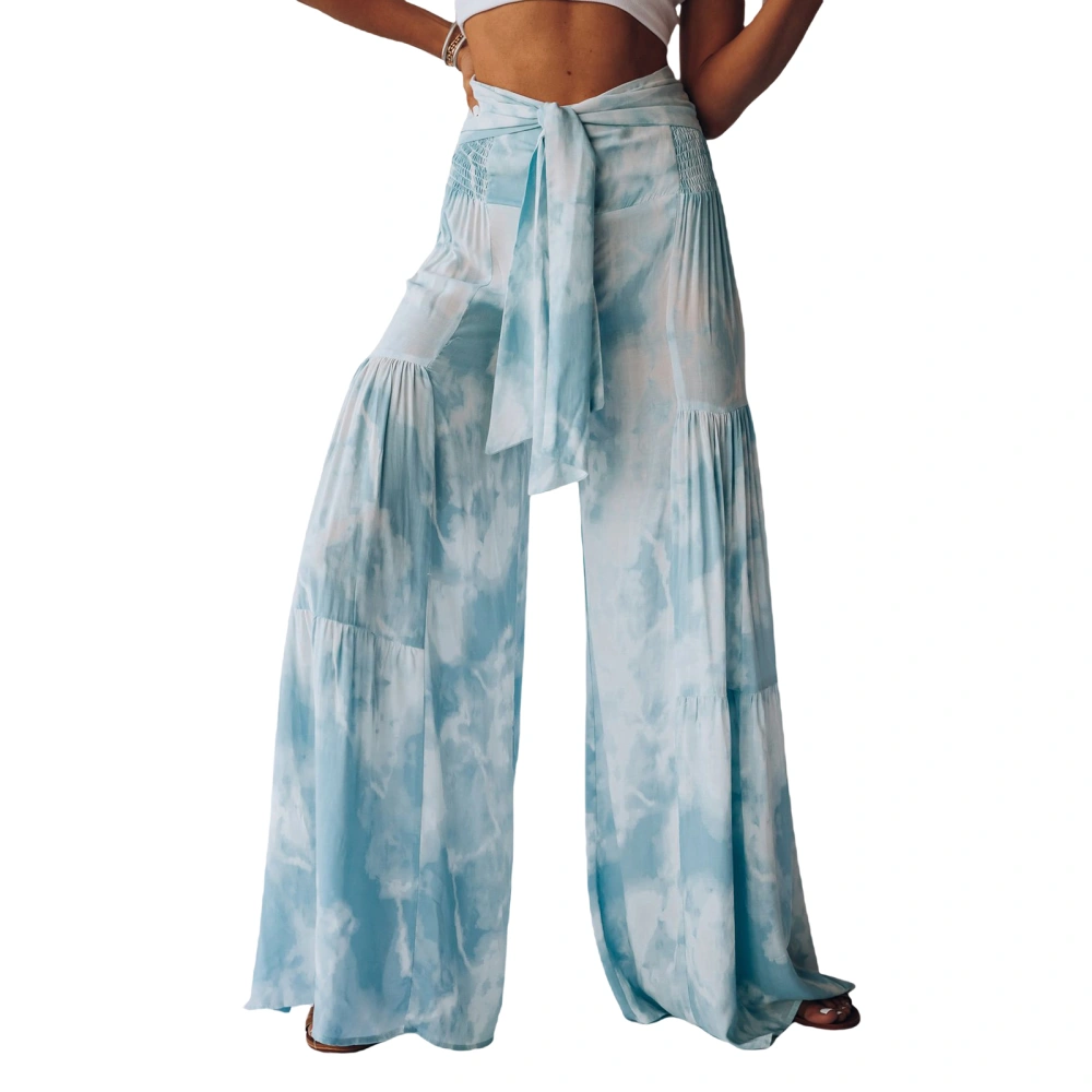 Women Floor Length Beach Pants, High Waist Tie-up Wide-leg Trousers