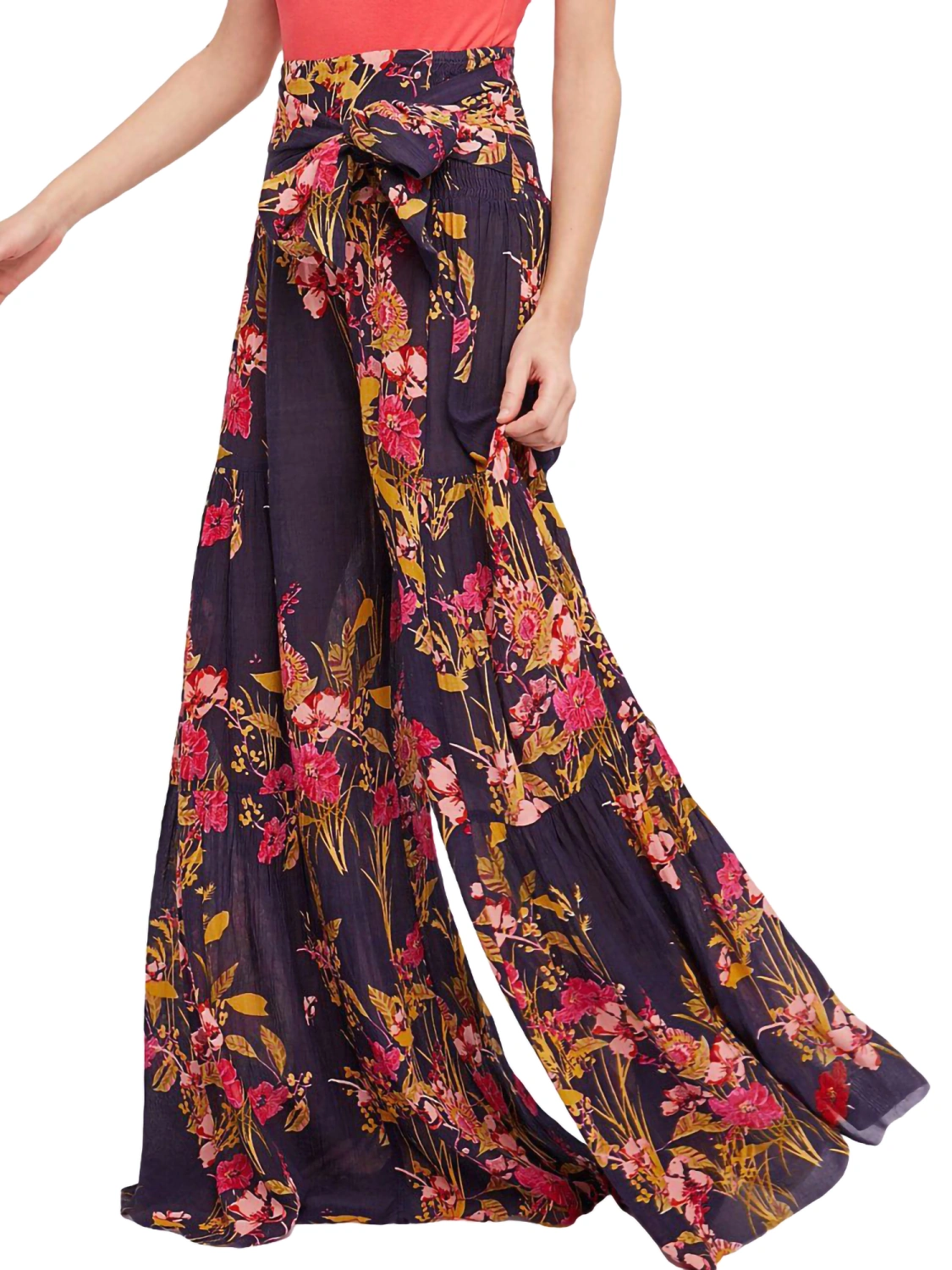 Women Floor Length Beach Pants, High Waist Tie-up Wide-leg Trousers