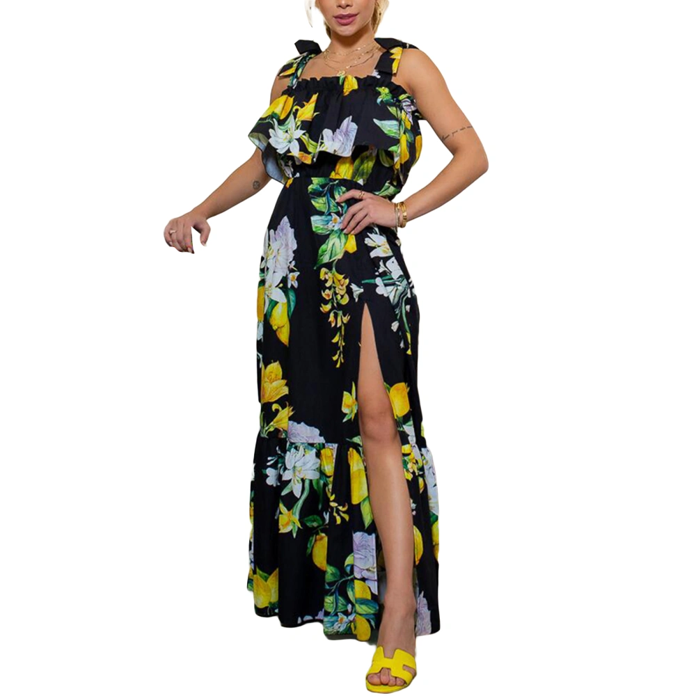 Ladies Flouncing Slip Dress, Side Split Wide Hemline Long Skirt