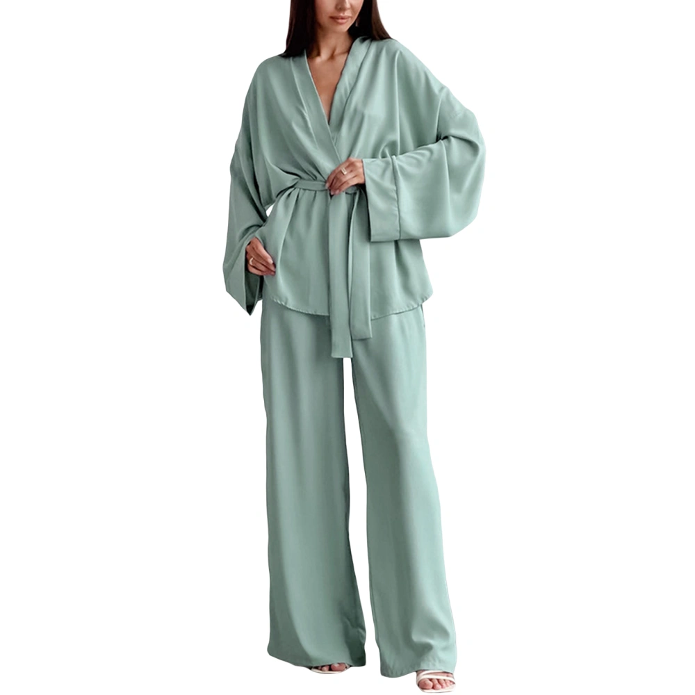 Women 2 Piece Loungewear Long Sleeve Chiffon Kimono and Loose Pants 