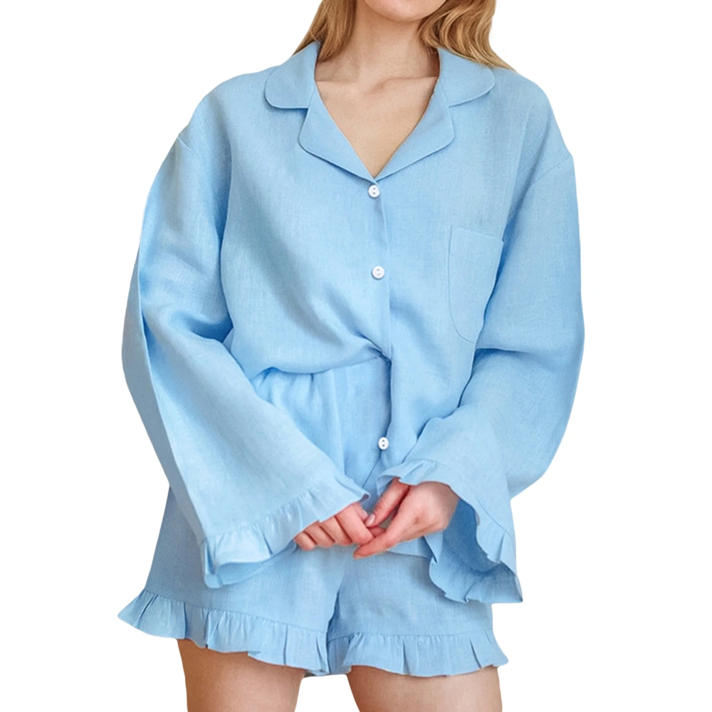 Women’s 2Pcs Pajama Set Fall Long Sleeve Shirt + Ruffle Shorts Set 