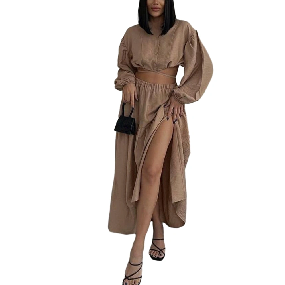 Women Skirt Set, Long Sleeve Tie-up Crop Top Pleated Long Slit Skirt