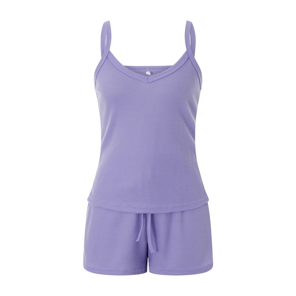 Women's Summer Pajamas Solid Color Ribbed Camisole + Shorts Sleepwear