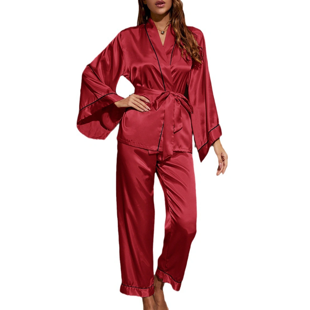 Women’s 2 Piece Pajamas Set Long Sleeve Belted Robe + Pants Set