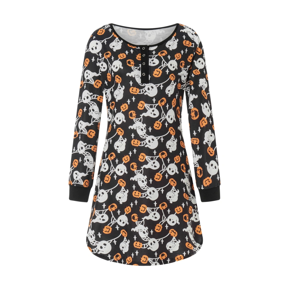 Women Halloween Nightgowns Pumpkin Skull Print Long Sleeve Sleep Dress