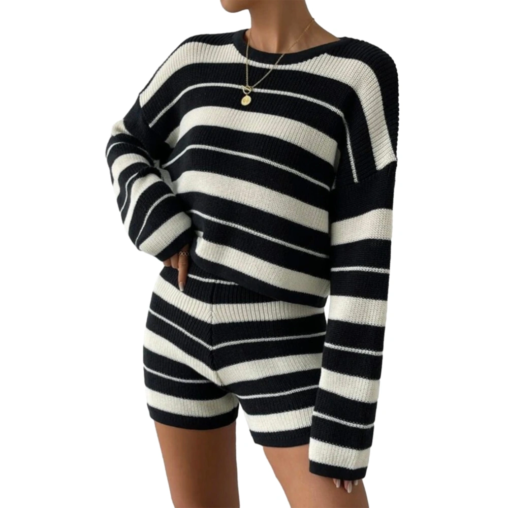 Women's Long Sleeve Striped Knitwear High Waist Skinny Shorts Sets 