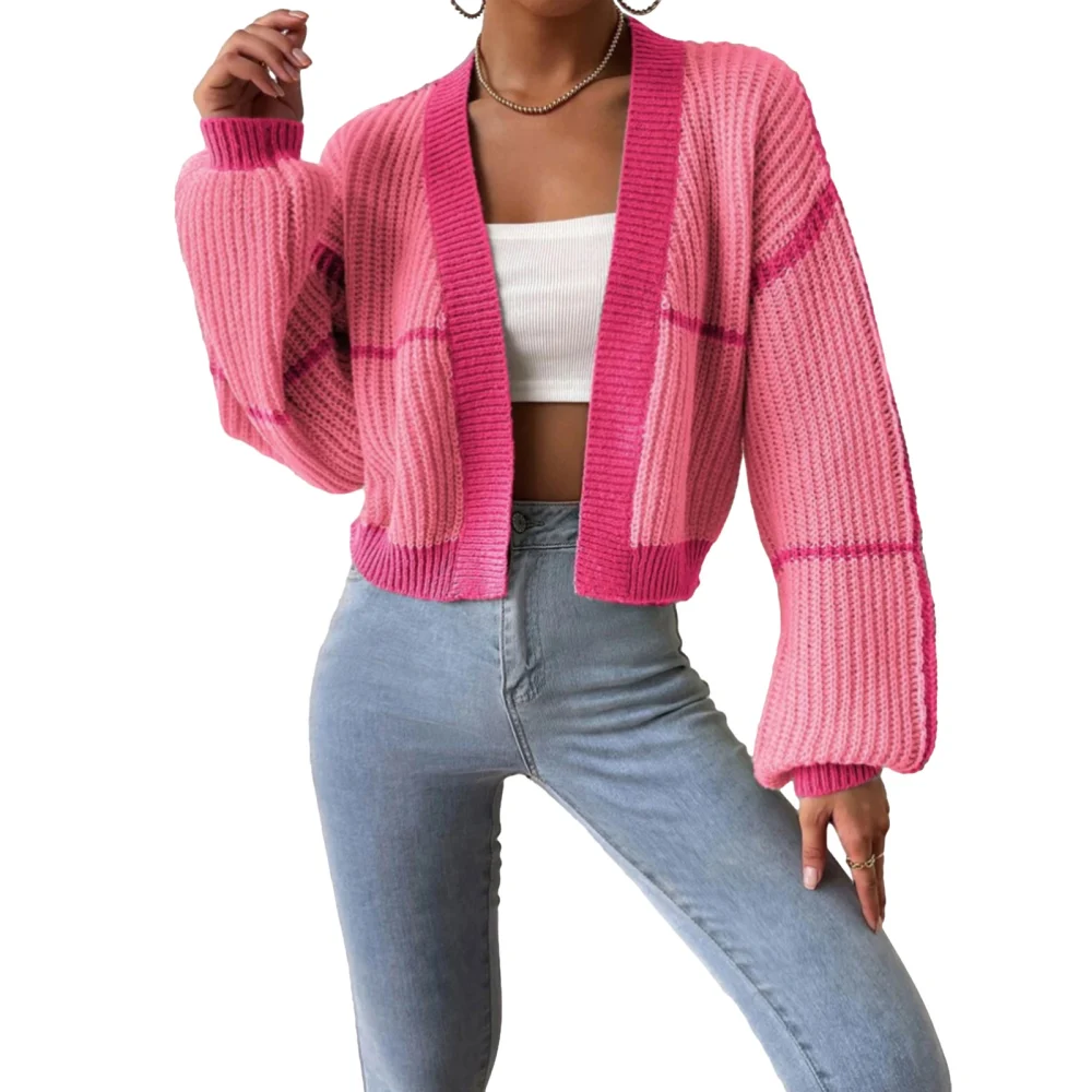 Women's Long Sleeve Cropped Cardigan, Contrast V-Neck Sweater Coat