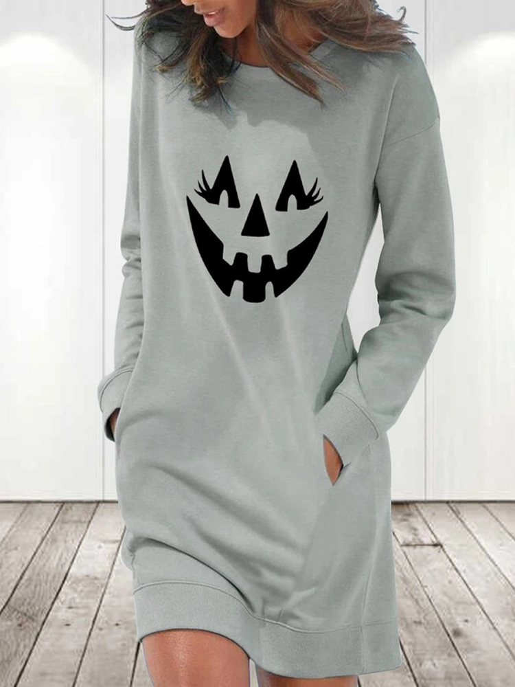 Halloween Women Nightdress, Long Sleeve Grimace Print Loose Dress