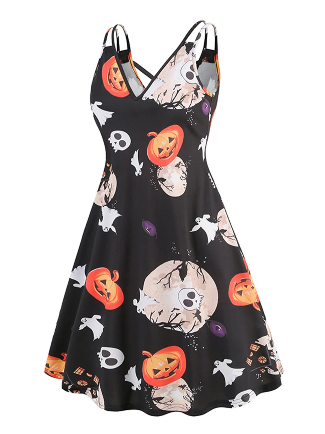 Women Halloween Chemise Nightdress Pumpkin Bat Print A-line Dress