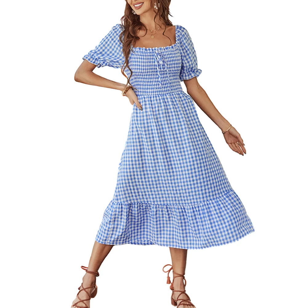 Women's Sleep Dress Plaid Print Short Sleeves Square-Neck Dress