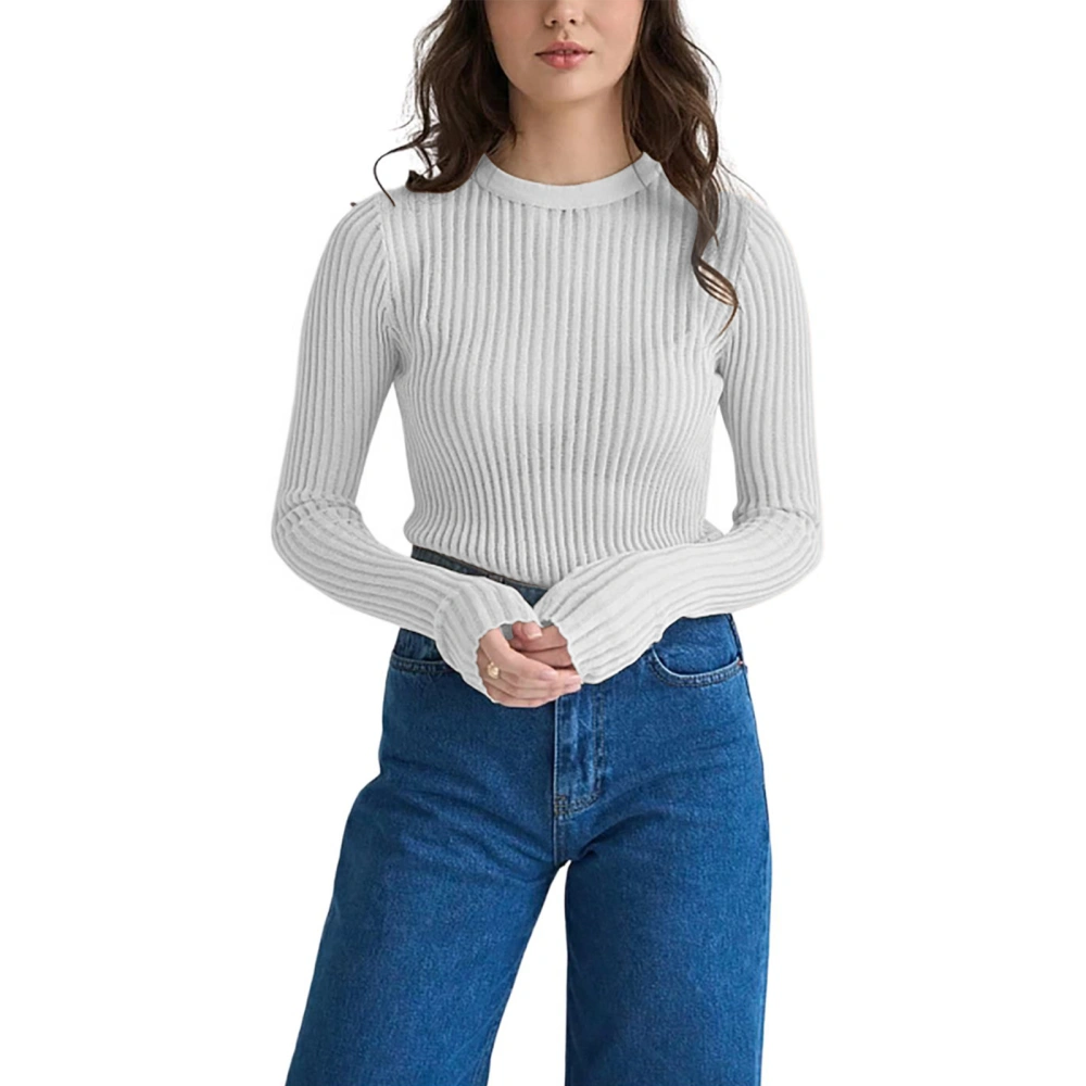 Women's Spring Solid Color Long Sleeve Crewneck Ribbed Knitwear