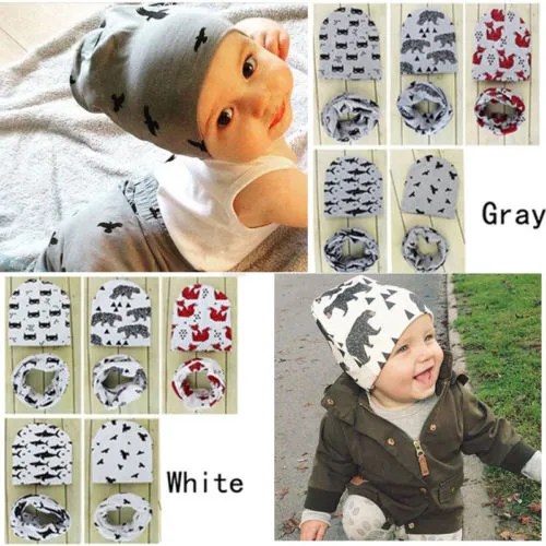 Children's Bib Hat Soft Stretch Cartoon Print Warm Hat Scarf Set