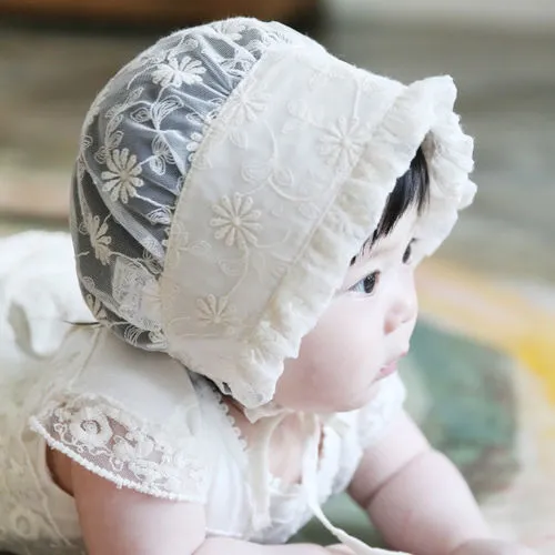 Babies Summer Hats, Floral Lace Ruffle Edge Bottom Straps Tie Cap