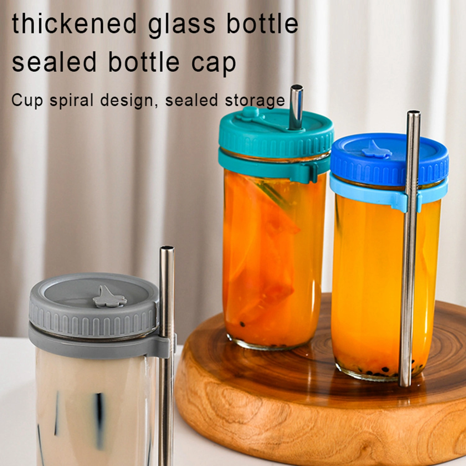 Glass Water Tumblers Reusable Kitchen Juice Cup with Straw and Lid 