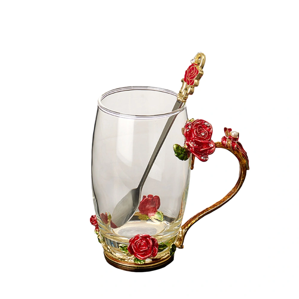 Coffee Mug Floral Enamel Drinking Glass Water Glass Cup with Spoon