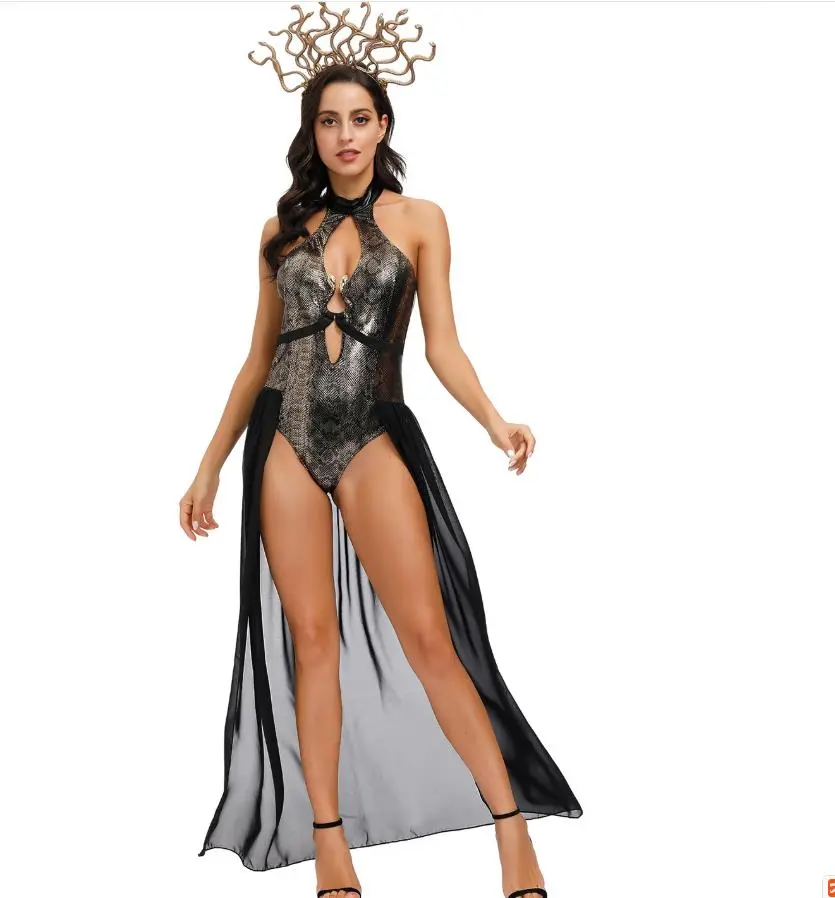 Adult Cosplay Witch Dress Sleeveless Hollow Bodysuit Headband