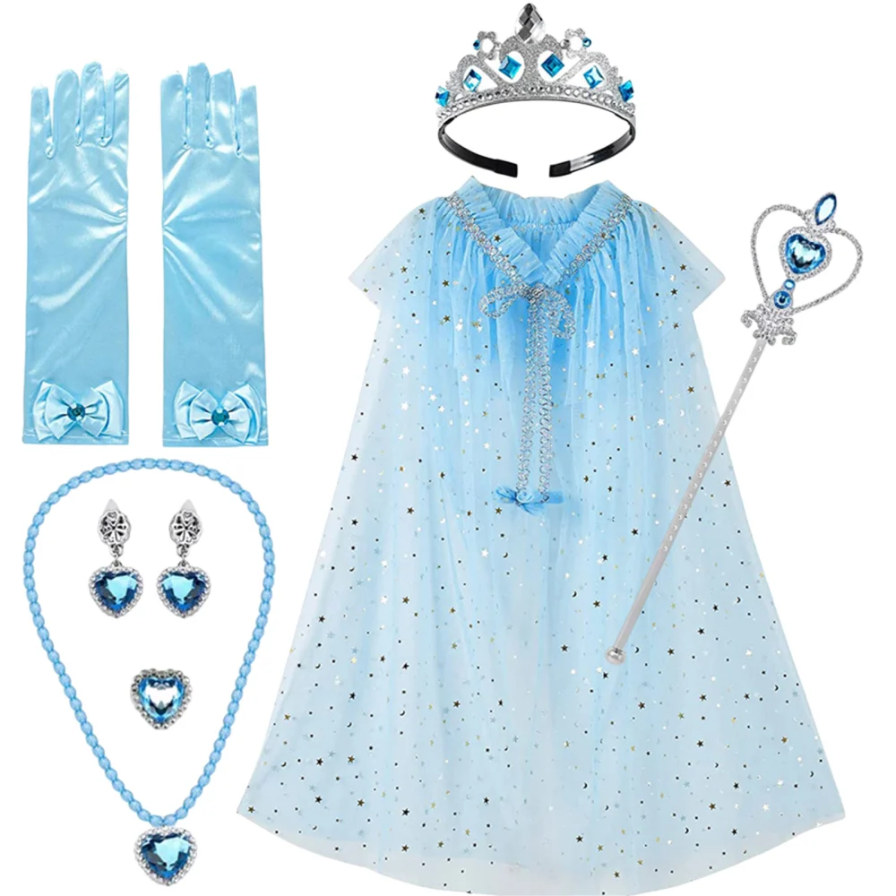 Princess Cape Cloak, Girls Crown Wand Necklace Gloves Ring Earrings