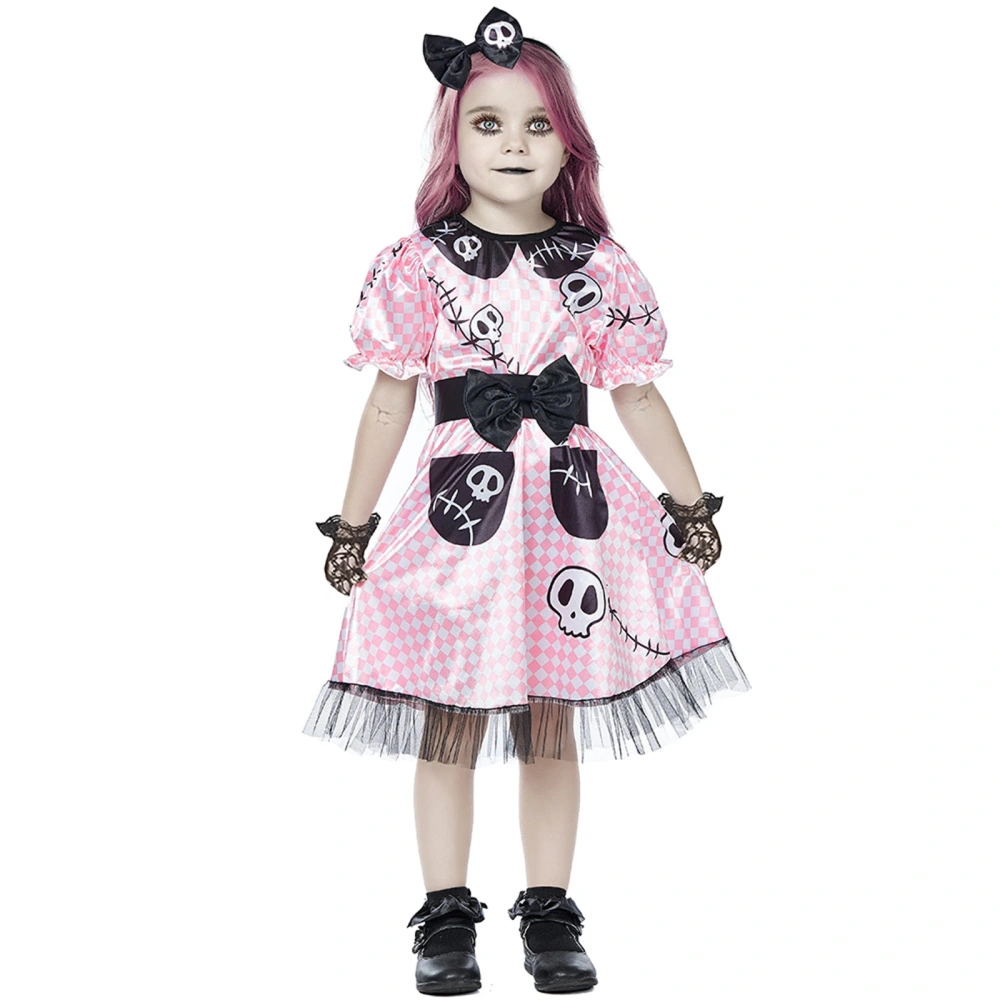 Girl's Skull Printed Plaid Horror Doll Dress Halloween Costume Set