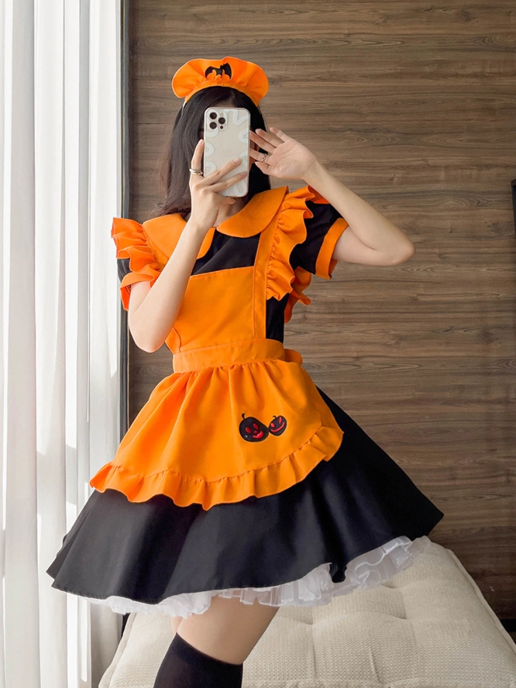 Women Pumpkin Maid Outfits Lolita Dress Restaurant Cosplay Costumes