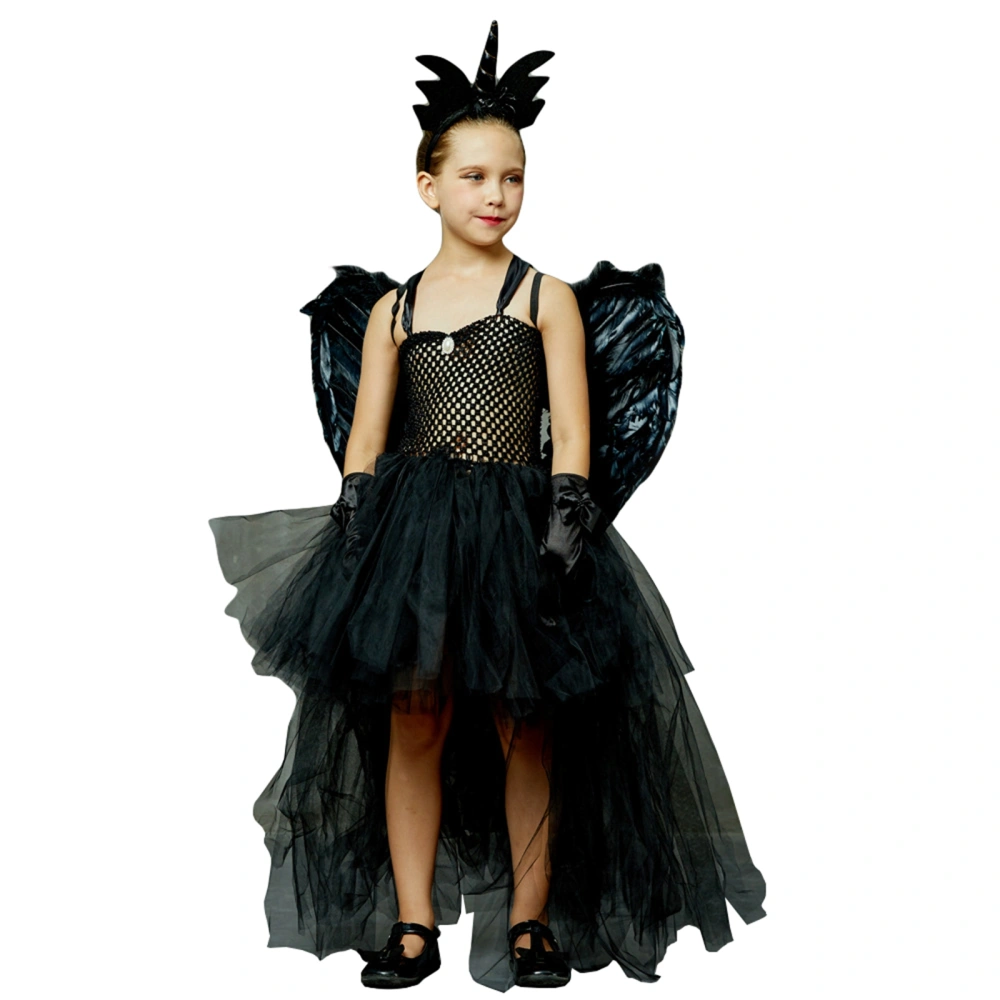 Girl Cosplay Mesh Hollow Tulle Patchwork Dress + Headband + Wing 