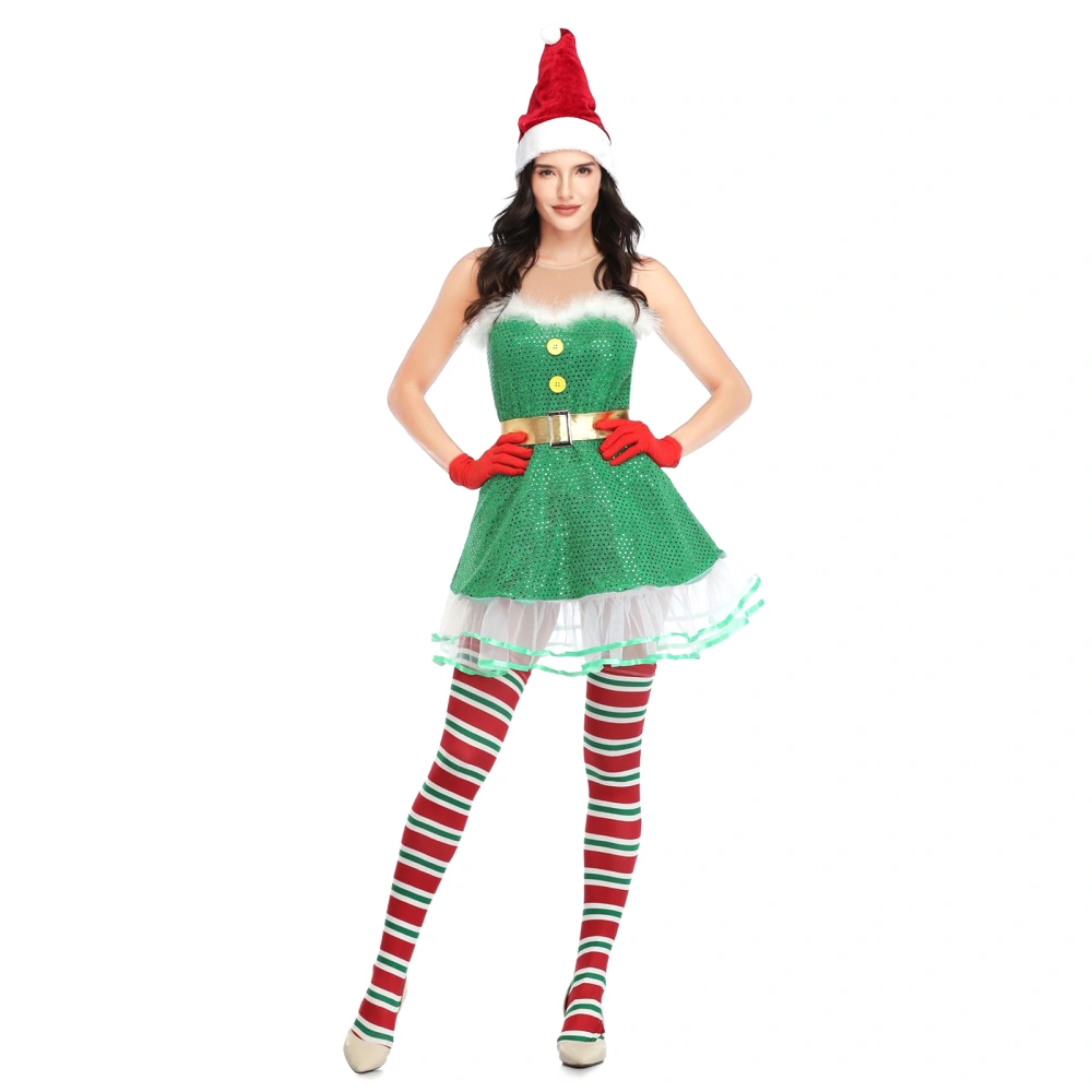 Women's Green Sleeveless Cosplay Elf Dress with Christmas Hat