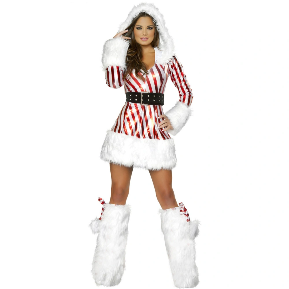 Women Christmas Dress Set, Hooded Striped Dress + Belt + Leg Warmers 