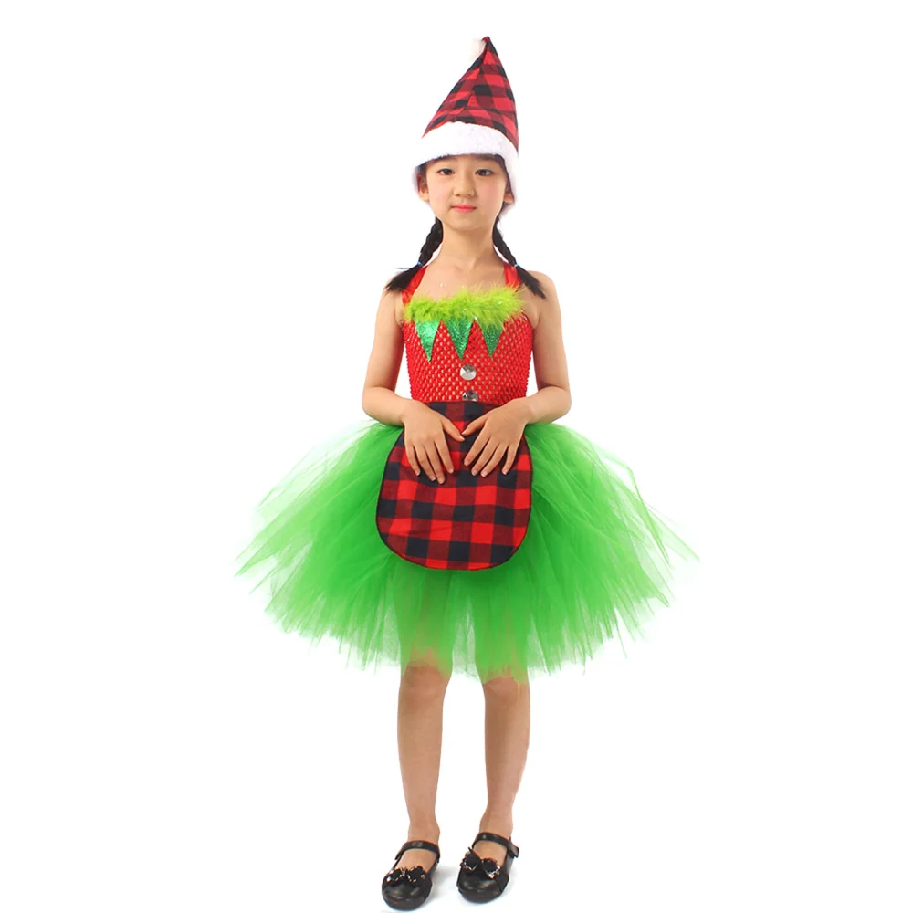 Toddler Girls Christmas Sleeveless Mesh Tutu Dress with Apron Hat