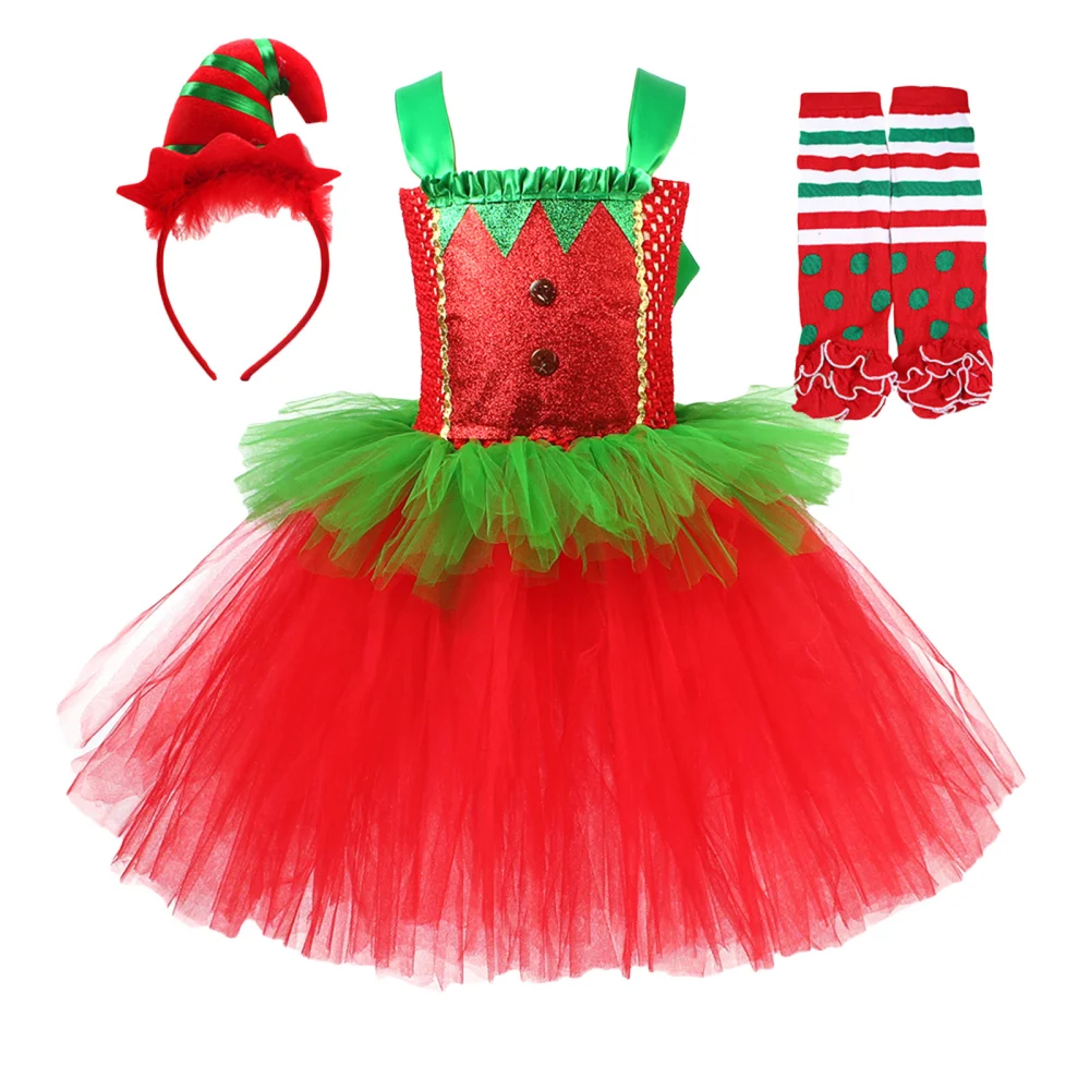 Kids Girl Christmas Cosplay Dress with Headwear and Leg Warmers