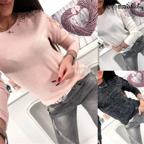 Women's Long Sleeve T-Shirt, Lace Patchwork Solid Color O-Neck Tops