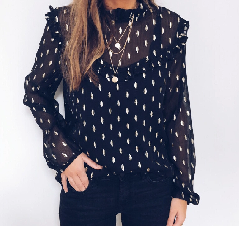 Women's Long Sleeve Chiffon Blouse Ladies' Polka Dot Loose Fit Tops