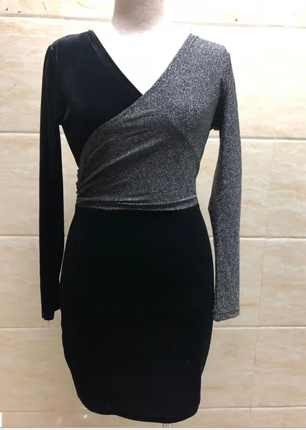 Women Casual Dress, Long Sleeve V-Neck Color Block Slim-Fit Dress