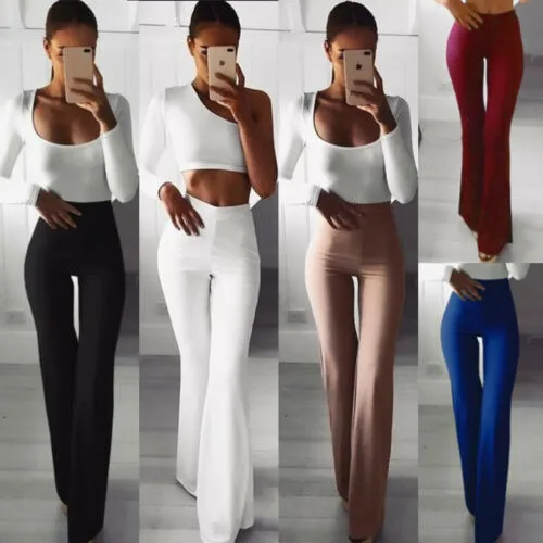 Women Pants Solid Color Bell-Bottom Elastic Band  Long Slim Top High Waist Pants