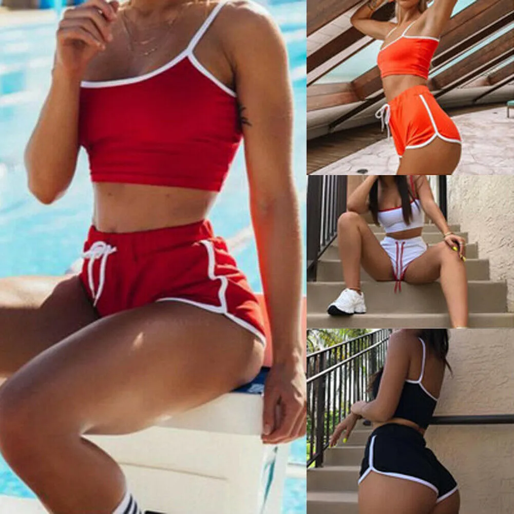 Women 2PCS Sports Set, Solid Color Sling Crop Slim Top Short High Waist Pants