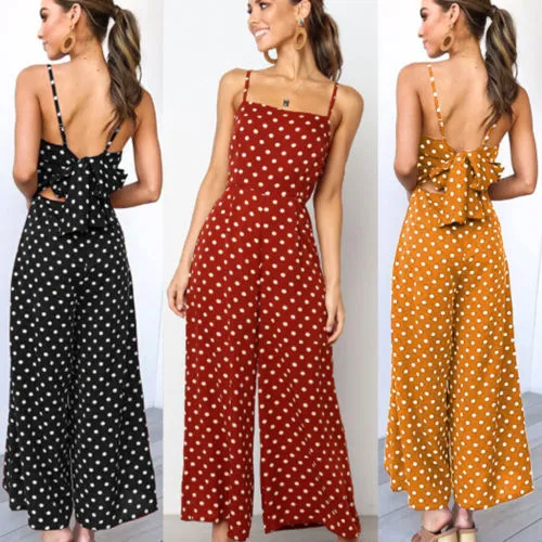 Women Summer Long Jumpsuit, Polka Dot Printed Sling Hollow Back Bow Romper