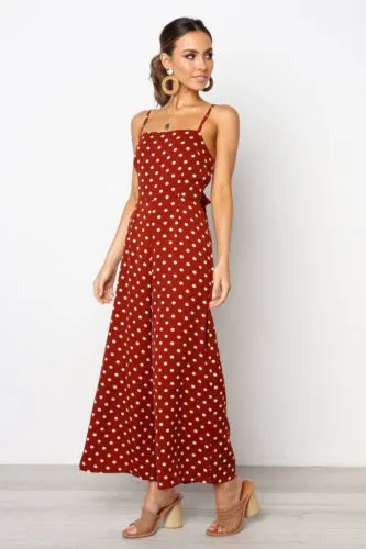 Women Summer Long Jumpsuit, Polka Dot Printed Sling Hollow Back Bow Romper